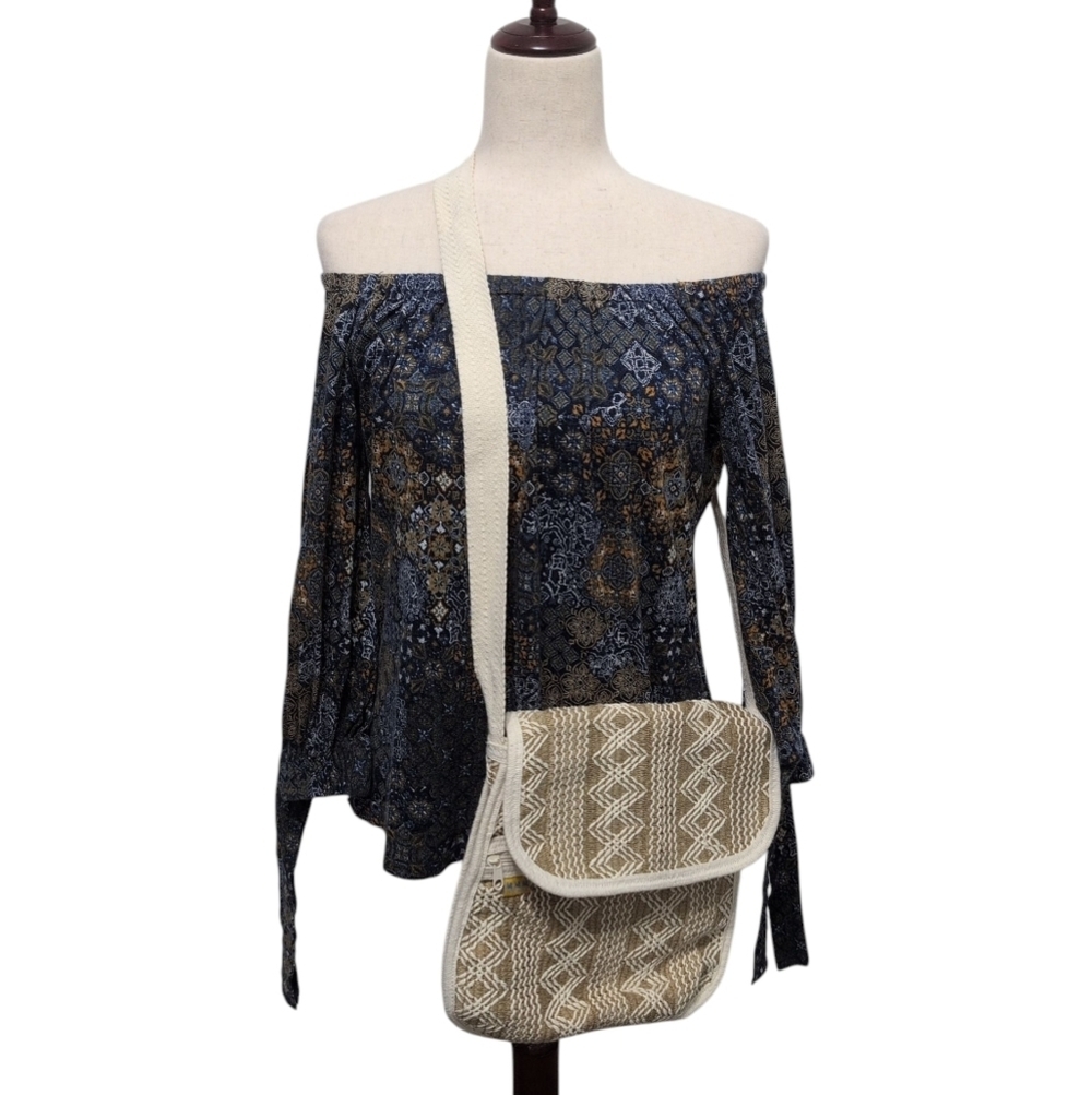 MICHAEL Michael Kors Off The Shoulder Paisley Print Navy Blue Boho Top Small